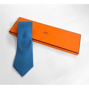 HERMÉS Neck Tie Blue Tone On Tone Geometric Pattern
